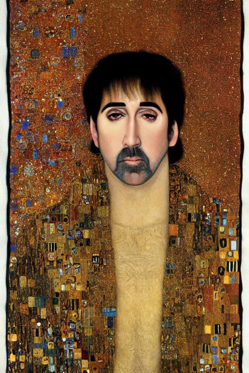 Image similar to Portrait of Nicolas Cage, beautiful art, painted by gustav klimt