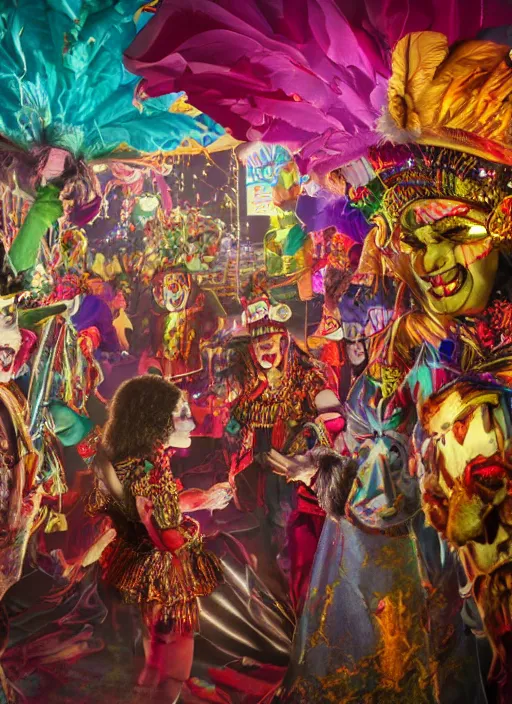 Image similar to professional photography, octane render, beautiful aesthetic whimsical horror, carnival, fools and jesters performing at a carnival, high-resolution, extreme detail, beautiful colorful lights