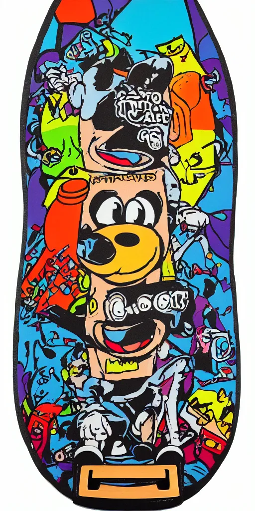 Image similar to fuzzbucket skateboard art by jamie thomas and toy machine, disney channel,