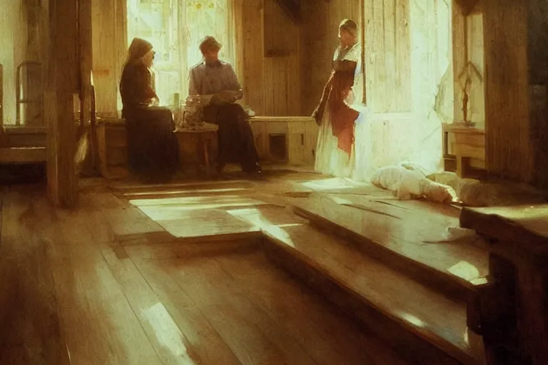 Prompt: sunday morning in a simple wooden paneled small amish shaker style cottage family chapel, bench pews, light streaming in, art by anders zorn, wonderful masterpiece by greg rutkowski, beautiful cinematic light, american romanticism thomas lawrence, greg rutkowski