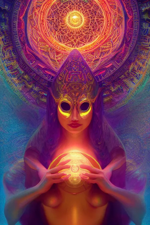 Image similar to a centered render of an alluring goddess wearing a psychedelic mask surrounded by a glorious sacred energy made from geometry and spiral mandel bulb fractals, powerful, cinematic, beautifully lit, by artgerm, by karol bak, 3 d, trending on artstation, octane render, 8 k