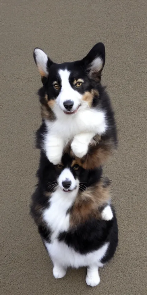 Prompt: corgi weaкing saddle, cute fluffy tuxedo cat riding on the top of him, realistic photo