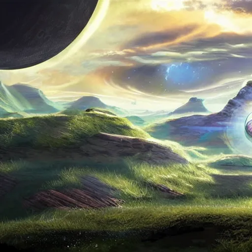 Prompt: a beautiful landscape on a ring world, with the curvature of the ring being visible in the sky :: Halo game concept art