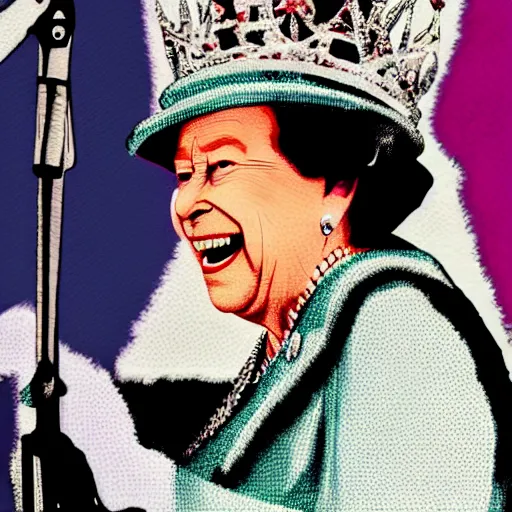 Prompt: Queen Elizabeth II rocking out on guitar, on stage at Coachella, photorealism