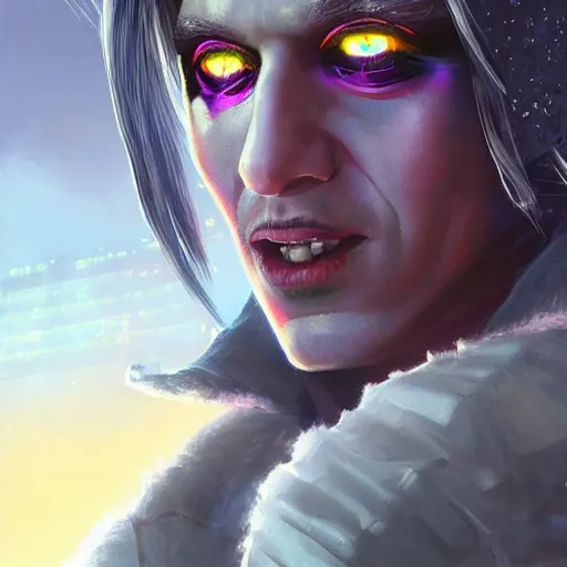 Image similar to cyberpunk, closeup portrait of a cyberpunk entertainer, hologram, blond hair, grey eyes, sadistic smile, delicate jaw, dramatic light, city background, sunset, dystopian setting, high contrast, sharp, neuromancer, peter riviera, painted by stanley lau, painted by greg rutkowski, painted by stanley artgerm, digital art, trending on artstation