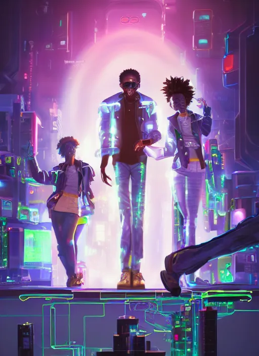 Prompt: afro - cyberpunk scientists in lab coats, cybernetic limbs and holograms, hacking the metaverse | hyperrealistic oil painting | by makoto shinkai, ilya kuvshinov, lois van baarle, rossdraws, basquiat | afrofuturism, in the style of hearthstone, trending on artstation | dark color scheme