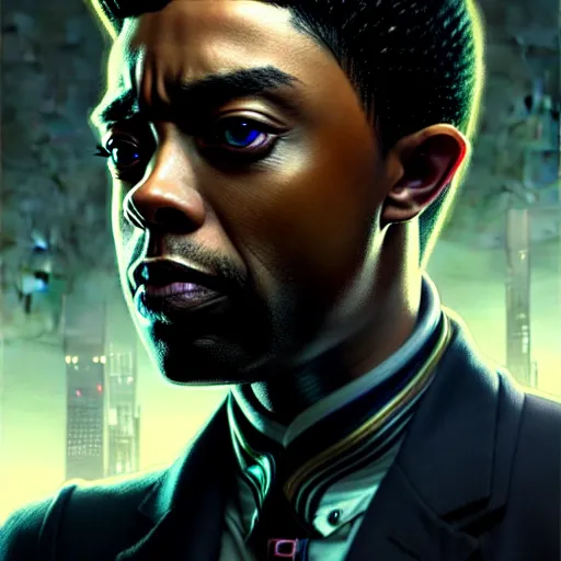 Prompt: portrait painting of a cyberpunk corporate boss elven chadwick boseman, ultra realistic, concept art, intricate details, eerie, highly detailed, photorealistic, octane render, 8 k, unreal engine. art by artgerm and greg rutkowski and charlie bowater and magali villeneuve and alphonse mucha