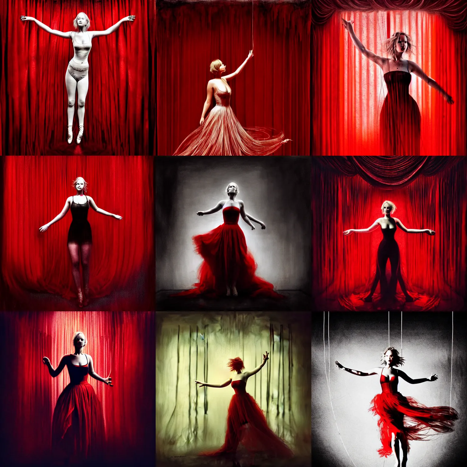Prompt: dancing Jennifer Lawrence as a puppet strings surrounded by red curtains, medium shot taken from behind, big white strings attached to each wrist from above, by Brooke Shaden, intricate, dystopian, sci-fi, extremely detailed, digital painting, artstation, concept art, smooth, sharp focus, illustration, intimidating lighting, incredible art, details visible, very dark ambiance