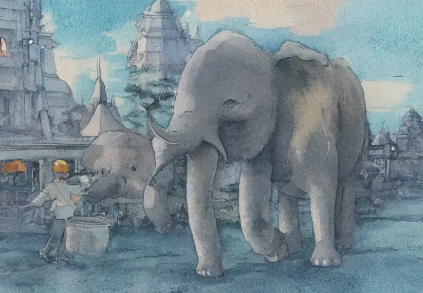 Image similar to a hyperrealist watercolor concept art from a studio ghibli film showing one giant grey elephant. a temple is under construction in the background in india on a misty and starry night. by studio ghibli. very dull muted colors