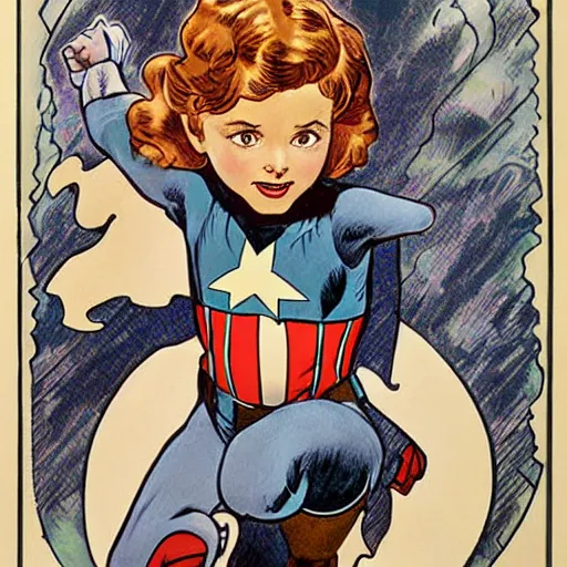 Image similar to a little girl with a mischievous face and light brown curly wavy hair. she is dressed as captain america, spider - man, batman, captain marvel, a superhero. well composed, clean elegant painting, beautiful detailed face. by steve ditko and jack kirby and alphonse mucha