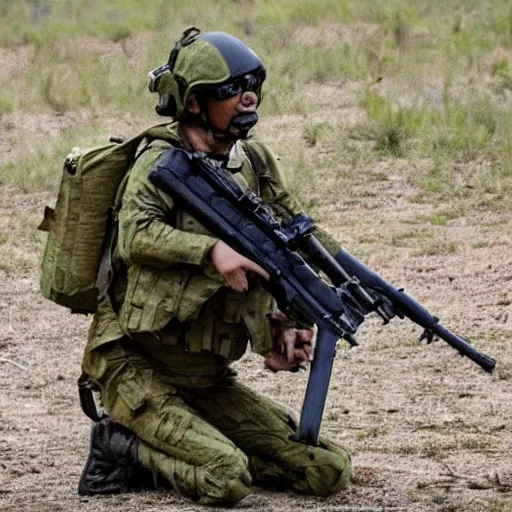 Image similar to a rare military frog equipped with rocket launcher and night vision target acquisition system, photo from us marines training exercise