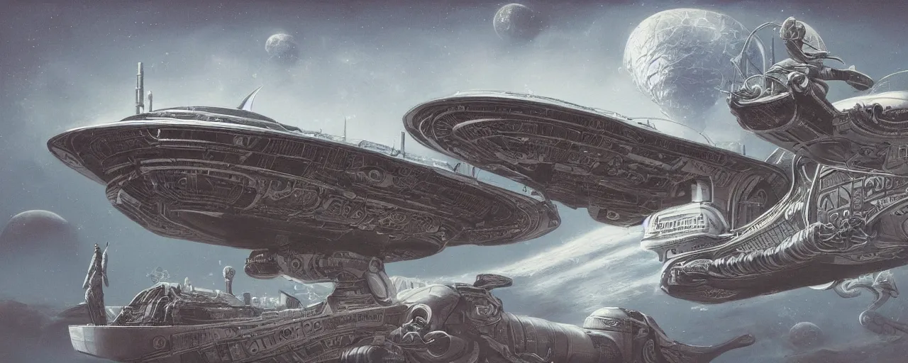 Prompt: By Jim bush and ed repka, air brush illustration, matte painting of a vintage alien ship landing on an alien planet, human astronauts making first contact, ornate pattern on the ship, retro futuristic, science fantasy, symmetry accurate features, very intricate details, artstation