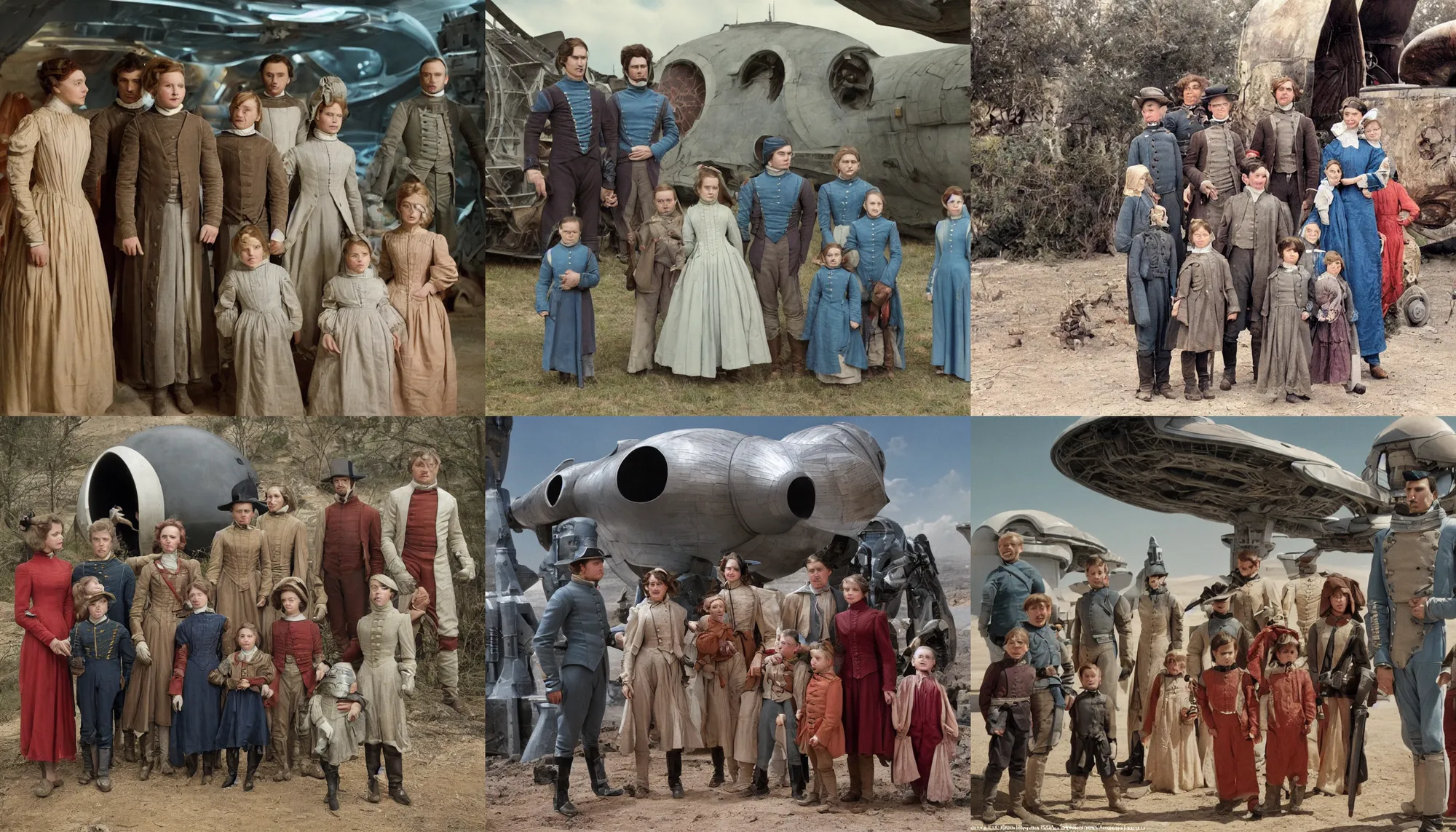Prompt: sharp, highly detailed, 435456k film, 1612800mm film still from a sci fi blockbuster color movie made in 2019, set in 1860, of a family standing in front of a spaceship that has just landed on an alien planet, the family are all wearing 1860s era clothes, good lighting, good photography, ultra high definition, in focus