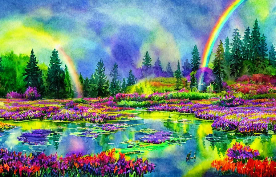 Prompt: sanctuary in colorful flower meadow near a forest with a rainbow pond, double rainbow in the sky, watercolor painting