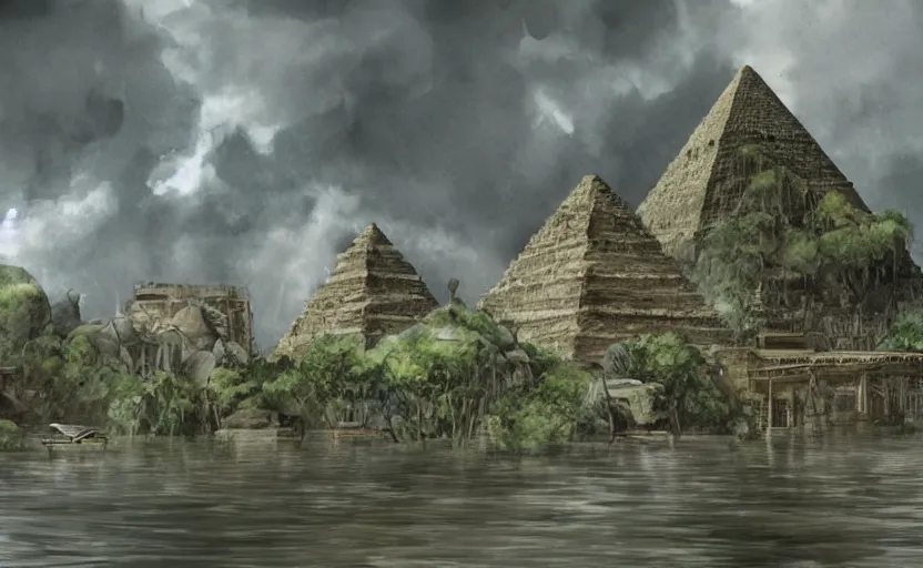 Image similar to a realistic and atmospheric cell - shaded watercolor concept art from howl's moving castle ( 2 0 0 4 ) of a sci - fi city and an egyptian pyramid complex in a flooded rainforest. very dull muted colors, hd, 4 k, hq