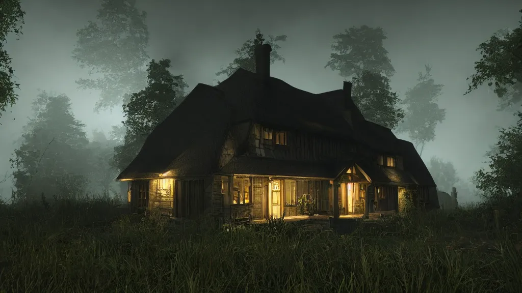 Prompt: A dark shadowy cottage at night, hyperrealistic, Cryengine 8k UHD