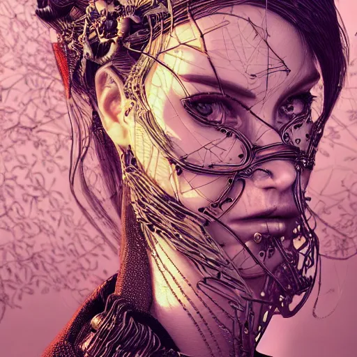 Image similar to the portrait of an absurdly beautiful, graceful, elegant, sophisticated, fashionable cyberpunk gravure idol, an ultrafine hyperdetailed illustration by kim jung gi, irakli nadar, intricate linework, bright colors, porcelain skin, unreal engine 5 highly rendered, fashion photography, global illumination, radiant light, detailed and intricate environment