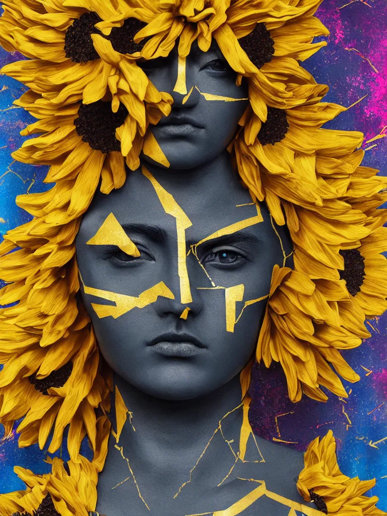 Prompt: symmetrical fractured dark obsidian greek statue of eastasian female beauty, yellow gemstones spikes, crystallic sunflowers, lightblue acrylic paintdrip and magenta tar, repaired with kintsugi, rendered in octane trending on cgsociety. extremely detailed and intricate art, corruption, sleek