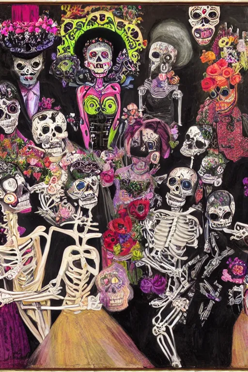 Image similar to scene from wedding, day of the dead, cyber skeletons, queen in black silk in the center, neon painting by otto dix