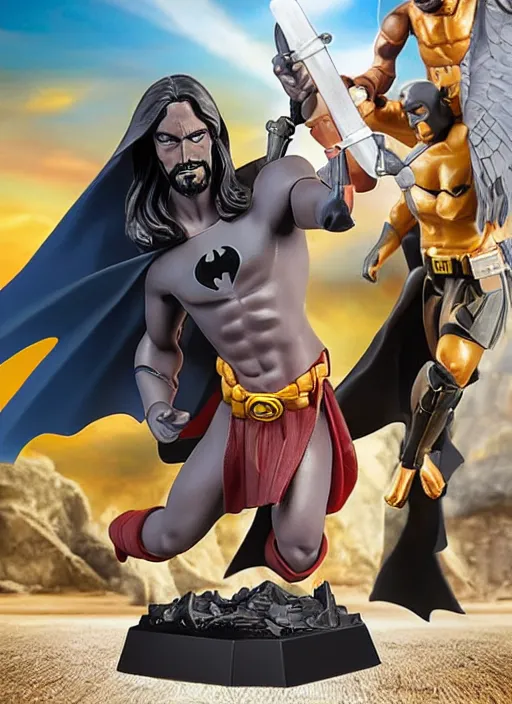 Prompt: Jesus vs the Batman in the flying sandals of salvation action figures toy pack