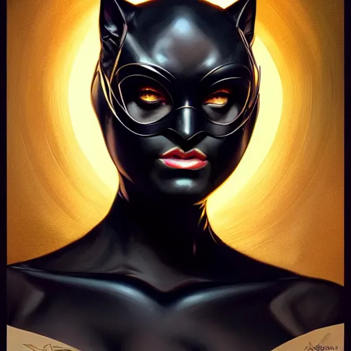 Image similar to symmetry!! catwoman, intricate, elegant, highly detailed, my rendition, digital painting, artstation, concept art, smooth, sharp focus, illustration, art by artgerm and greg rutkowski and alphonse mucha