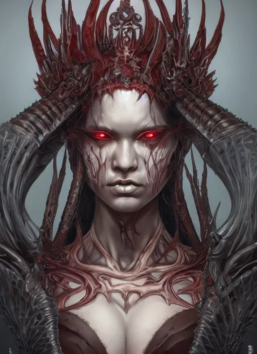 Prompt: a hyper detailed full face portrait of human transforming into the queen of blades, diablo 4 lilith, by yusuke murata, by hiroya oku, by dorian cleavenger, by tom bagshaw, by artgerm, by zdzisław beksinski, trending on artstation