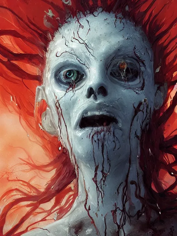 Image similar to painting by greg rutkowski of a flying sorrowful looking human head with tears running down it's eyes, face that is chalk white in color, with long sprawling white tentacles stemming down it's neck, fiery scorching red eyes, flying in a terrying hellish dark cavernous place, minecraft ghast
