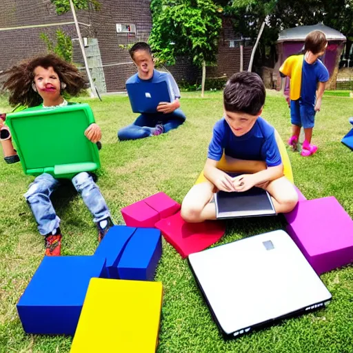 Image similar to photo of kids working on computers outside in the sun, large colorful blocks floating in the air, bright colors