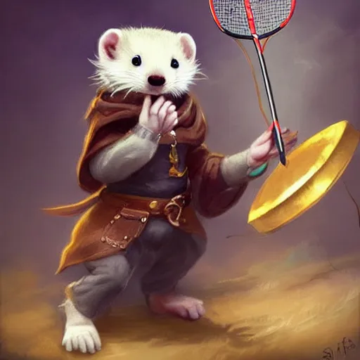 Prompt: cute little anthropomorphic ferret [ thing ], playing badminton, tiny, small, short, wizard robe, cute and adorable, pretty, beautiful, dnd character art portrait, matte fantasy painting, deviantart artstation, by jason felix by steve argyle by tyler jacobson by peter mohrbacher, cinema