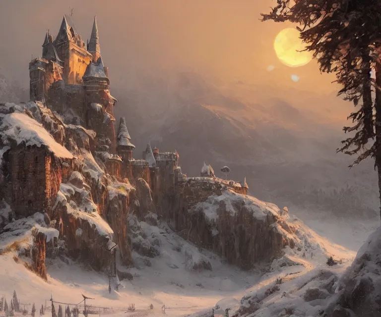 Image similar to a painting of a castle in the middle of a snowy mountain, a detailed matte painting by andreas rocha and greg rutkowski, sunset, featured on artstation, fantasy art, matte drawing, matte painting, artstation hq