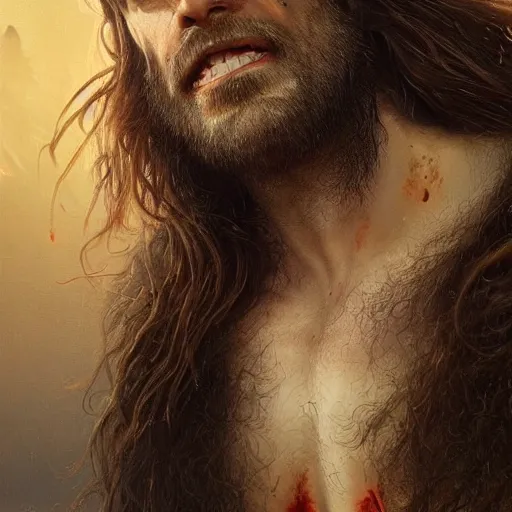 Image similar to UHD closeup of a Photorealistic long haired man with a giant gaping hole in his chest, heart exploding, with incredible amount of blood gushing out by Antonio Caparo and Ferdinand Knab and Greg Rutkowski, UHD, photorealistic, trending on artstation, trending on deviantart