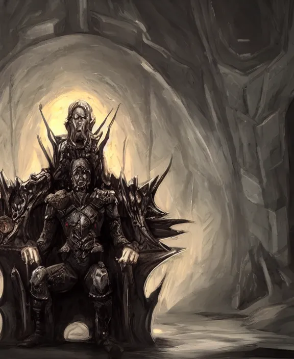 Image similar to a grimdark fantasy concept art portrait of jeff bezos sitting on a dark and evil throne