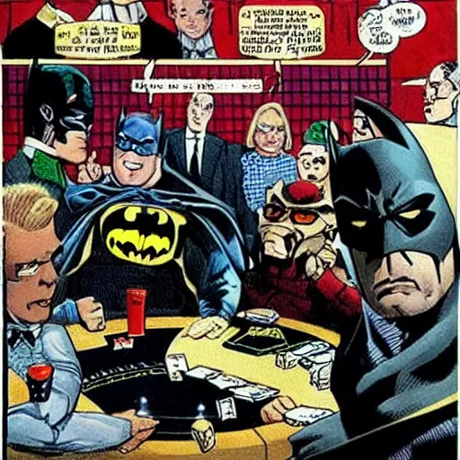 Image similar to batman playing a poker game with other superheroes in a basement, coolidge