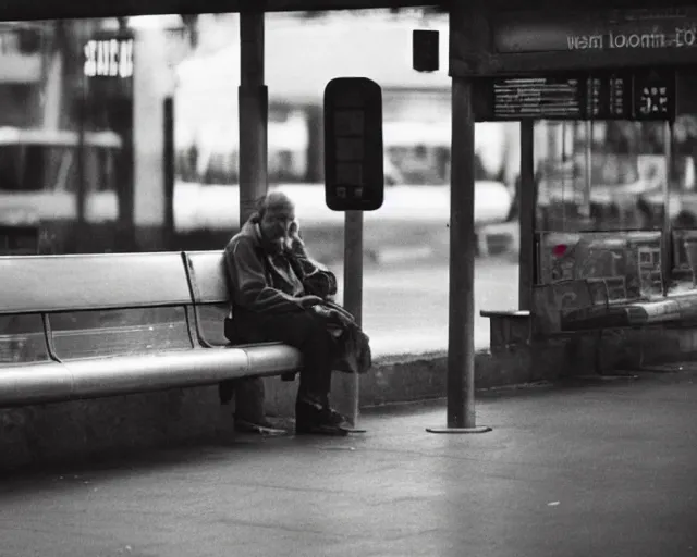 Image similar to a lomographic photo of russian lone man sitting in bus station at early evening in small town, cinestill, bokeh