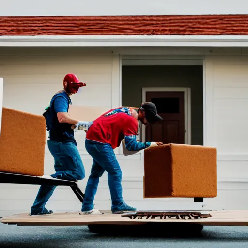 Prompt: cinematic photo of removalists moving furniture into a gingerbread house in the early morning