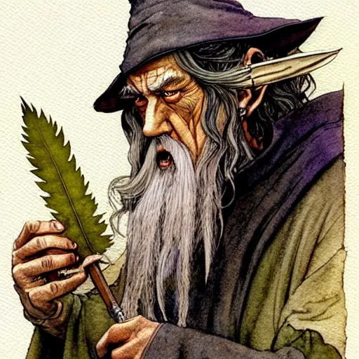 Prompt: a realistic and atmospheric watercolour fantasy character concept art portrait of gandalf with red eyes smoking a huge blunt looking at the camera with a pot leaf nearby by rebecca guay, michael kaluta, charles vess and jean moebius giraud