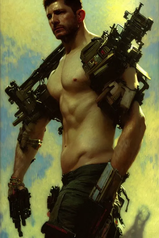 Image similar to chris redfield, attractive man, futurism, painting by gaston bussiere, craig mullins, greg rutkowski, alphonse mucha