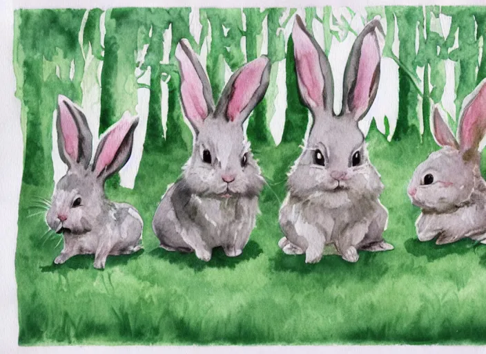 Image similar to old kids book illustration of bunnies doing a demonic ritual in a small cute forest. watercolor painting.