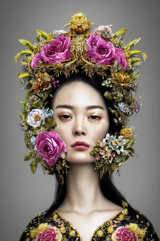 Image similar to a beautiful empress portrait, with a brilliant, impossible striking big flower headpiece, clothes entirely made out of flowers, symmetrical, dramatic studio lighting, rococo, baroque, jewels, asian, hyperrealism, closeup, D&D, fantasy, intricate, elegant, highly detailed, digital painting, artstation, octane render, 8k, concept art, matte, sharp focus, illustration, art by Artgerm and Greg Rutkowski and Alphonse Mucha