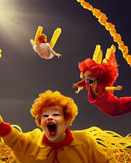 Prompt: ronald mcdonald as an angel ascending into the heavens with wings made entirely of french fries wings, an onion ring around his head, cute chicken nuggets flying in the sky, sunbeams, clouds