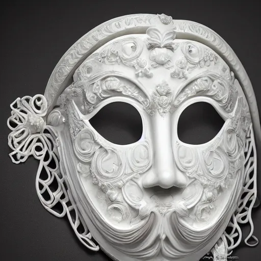 Prompt: photography of a venetian woman mask sculpted in white opalescent marble, with lots of thin ornaments, fractal art, intricate, 8 k, white box, cinematic light