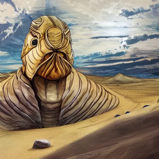 Image similar to dune sandworm with the face of Joe Biden; sand dunes in background artstation