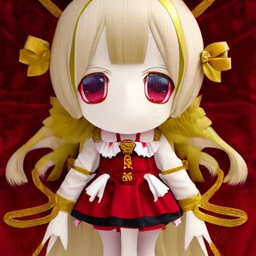 Prompt: cute fumo plush of a gothic maiden in a red and gold uniform, laces and ribbons, soft shadow, anime girl, vray, symmetry, white frame