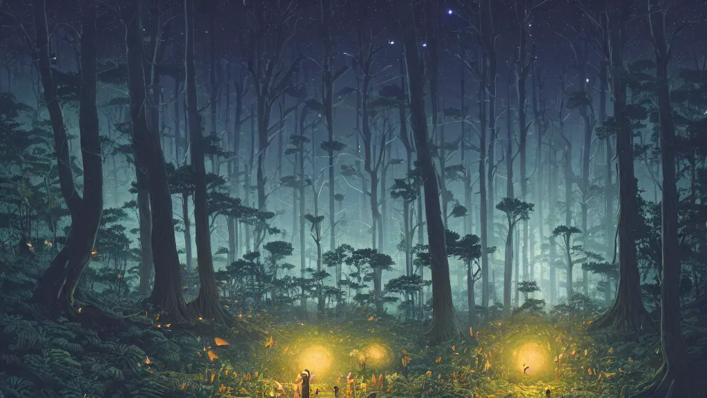 Image similar to highly detailed illustration of an old giant forest with fireflies at night by makoto shinkai, by oliver vernon, by joseph moncada, by damon soule, by manabu ikeda, by kyle hotz, by dan mumford, by otomo, 4 k resolution