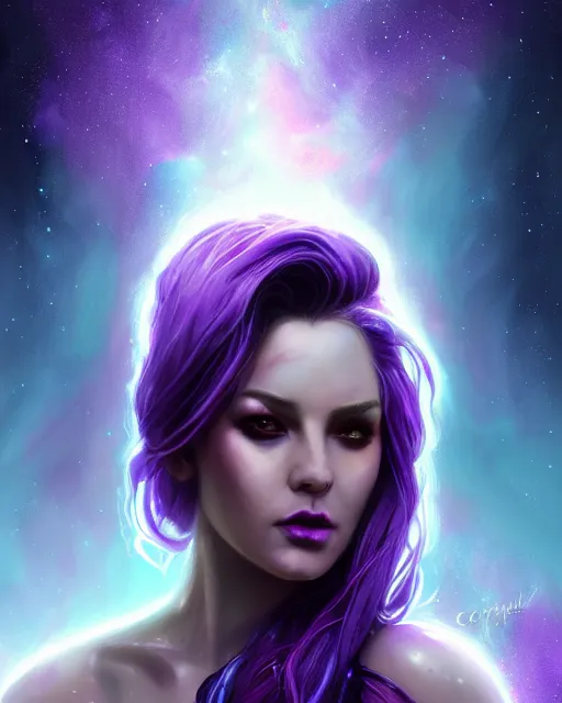 Image similar to epic portrait cinematic shot the galaxy goddess, flowing purple glittery hair, glowing purple eyes, an space robes, space backround, fine details. night setting. realistic shaded lighting poster by craig mullism, artgerm, jeremy lipkin and michael garmash, unreal engine, radiant light, detailed and intricate environment, digital art, trending on art station,