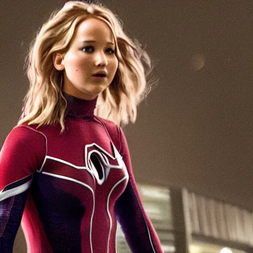 Image similar to Jennifer Lawrence as spidergirl, an film still, movie Hollywood