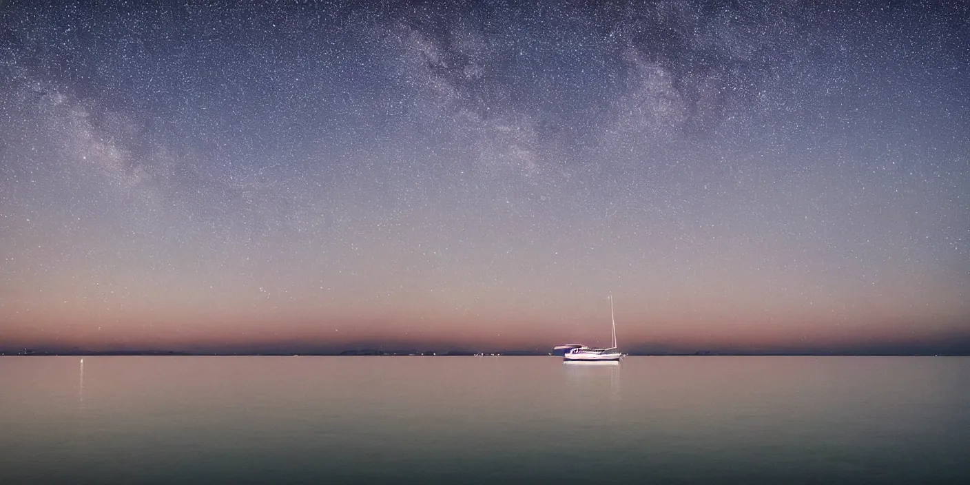 Prompt: lone yatch on a peaceful sea at night full of stars night clear waters light clouds skies milky way