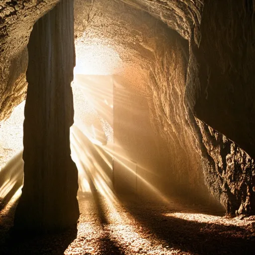 Image similar to clockwork afternoon forest ground shadows and volumetric sunbeams, geometric, cave entrance portal to alien landscape, by anson maddocks, charles o. perry, zack snyder, trending on 5 0 0 px, intricate, wavy, wide - angle, kodak ektar