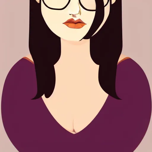 Prompt: A portrait of a plump woman, a cute digital painting woman with straight brown hair in a Bob, no bangs, brown eyes, large glasses, full face, olive skin, romanian heritage, cartoon, simple, digital art, wide shot, full body , 8k, by mucha