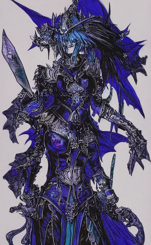 Prompt: Gothic elf princess in dark and blue dragon armor, by Rembrandt and Masamune Shirow, highly detailded